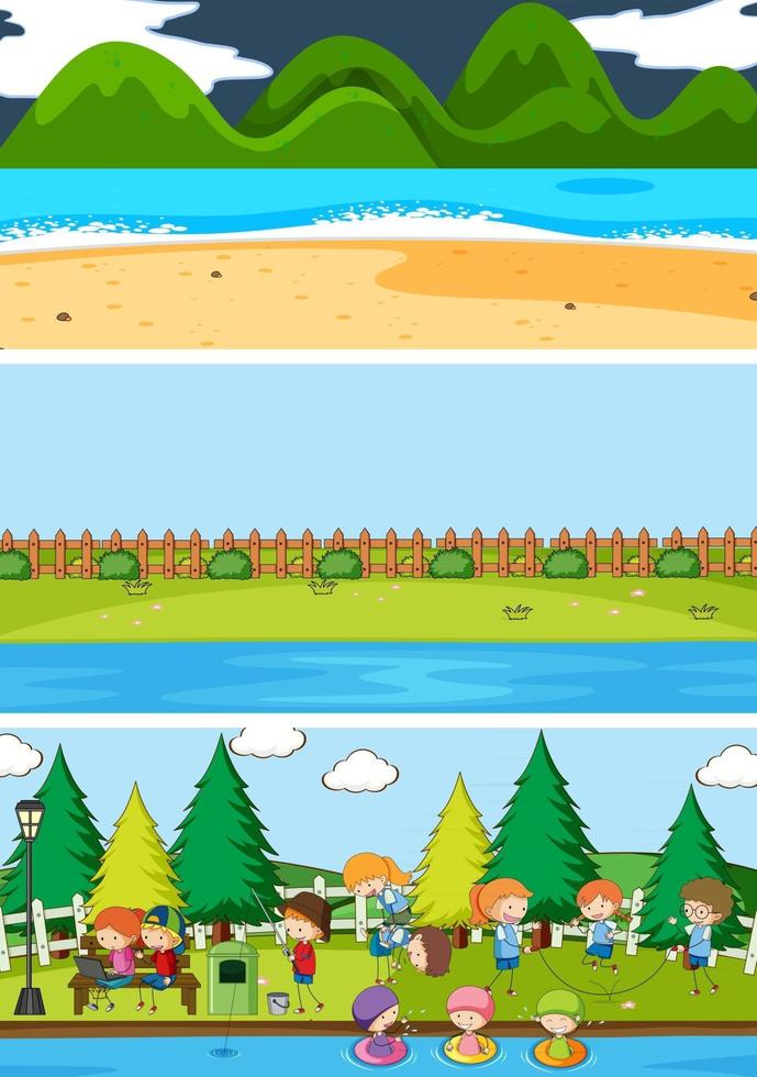 Set of different horizontal scenes background with doodle kids cartoon character vector