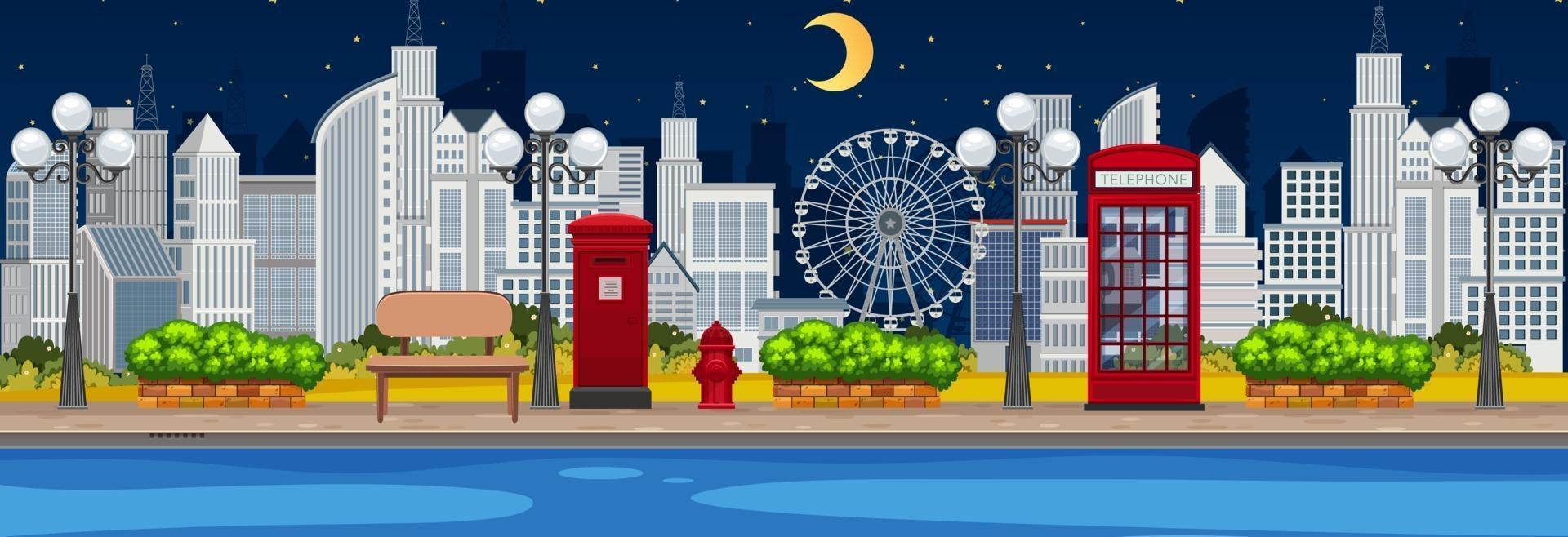 River park horizontal scene with cityscape background at night time vector