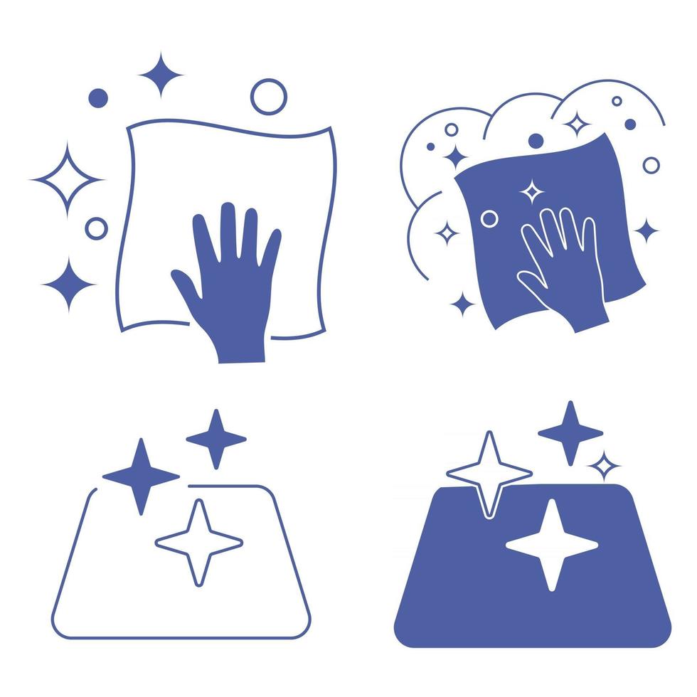 Sanitizing surfaces. Cleaning napkin. Cleaning surface or disinfection surface. Easy disinfection of objects or premises. Blue color icons. Sanitation and hygiene sign. Wet napkin or cloth vector