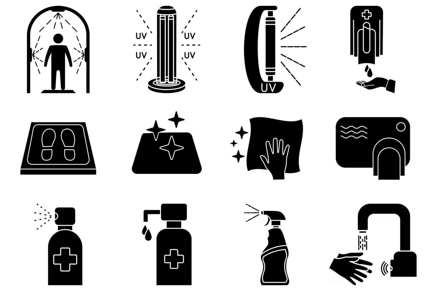 Disinfection icons. Cleaning and sanitizer surface, spray bottle, wash hand gel, UV lamp, sanitizing mat, Touchless faucet and dispenser, disinfection tunnel, dryer, antiseptic. Vector