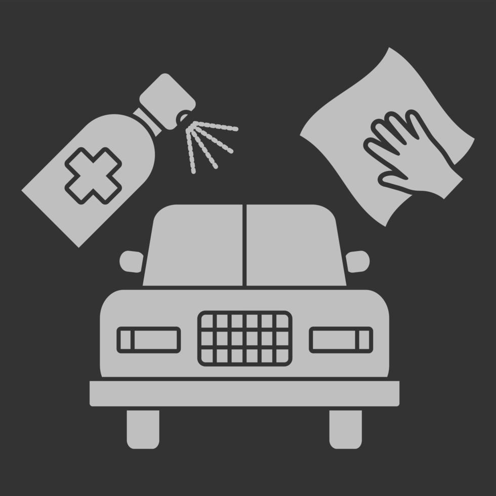 Carwash icon. Disinfect your car. Sanitizing station or service. Sanitation of vehicle used alcohol spray and napkin. Cleaning and washing vehicle. Glyph icon of car. Vector