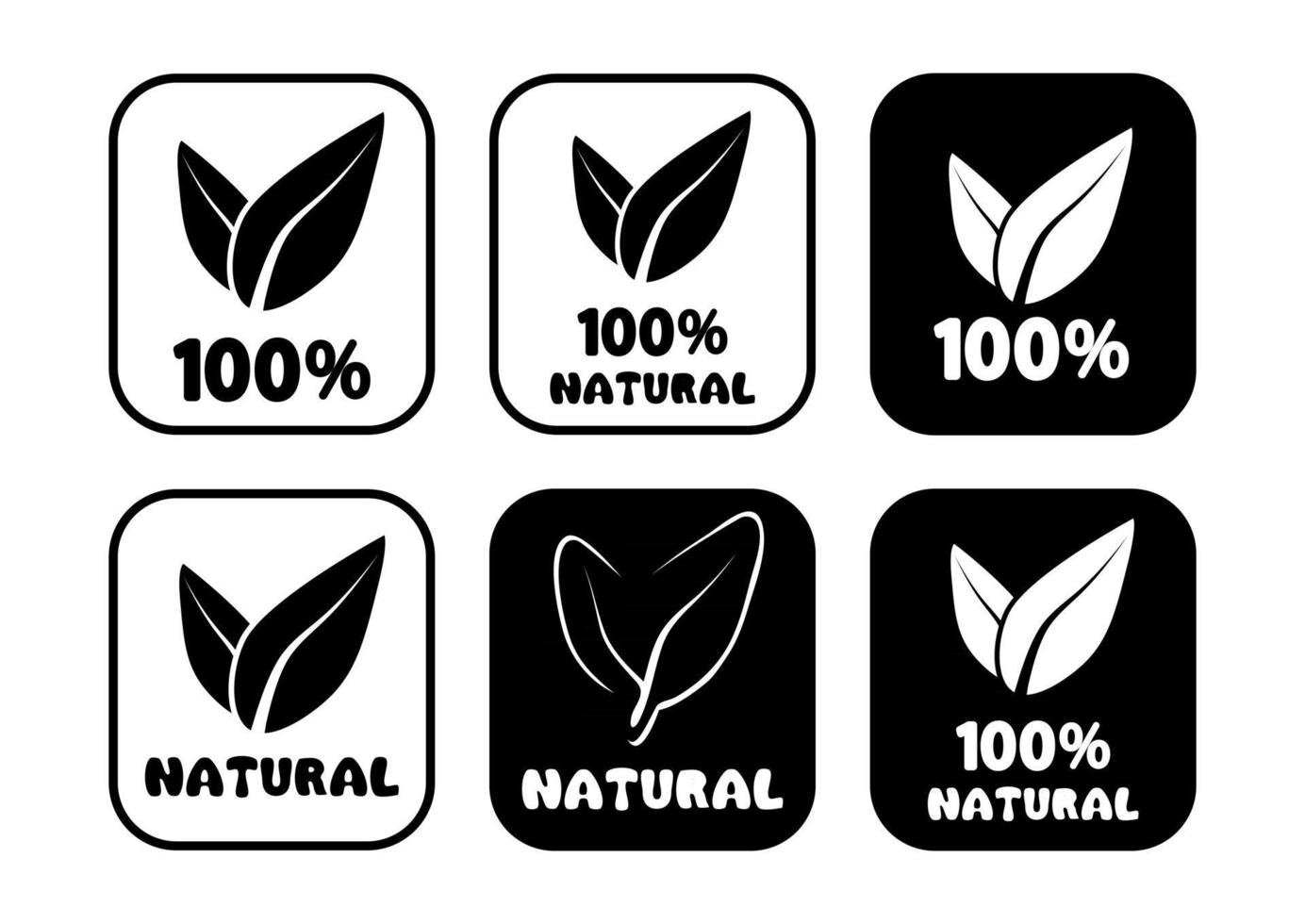 Insignias redondas 100% naturales. juego de sellos redondos con hojas en el interior para productos con ingredientes naturales. iconos de alimentos saludables. etiqueta del círculo de la planta. vector