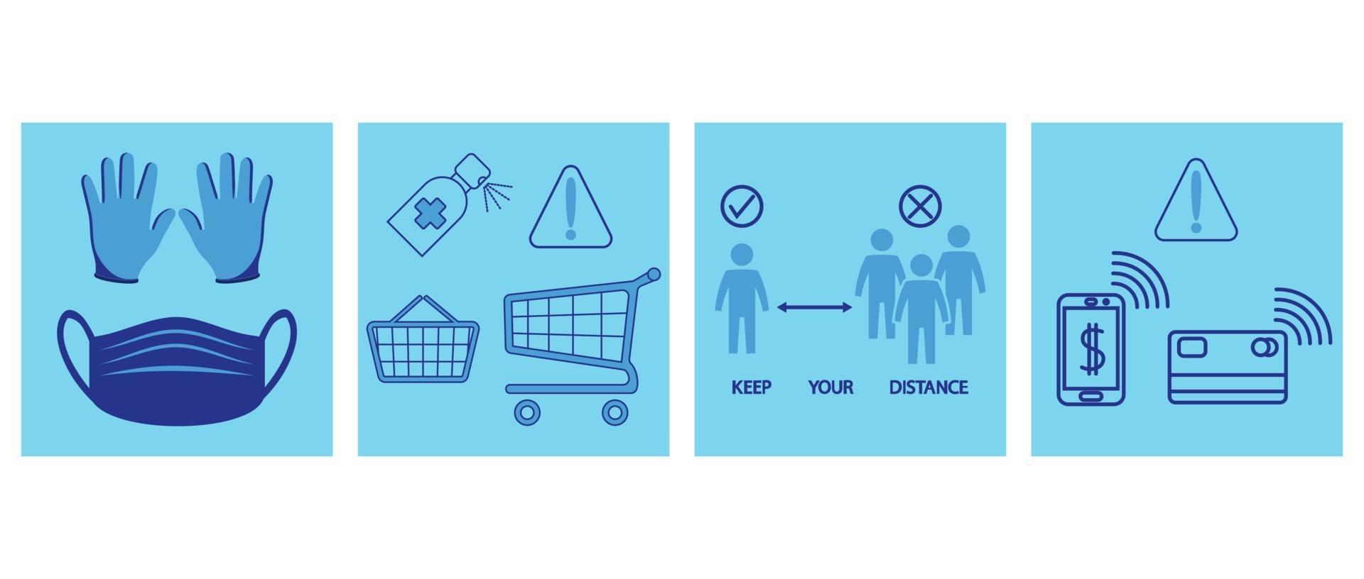 Safe shopping. Social distancing. Included icons as a mask and gloves required, clean trolley cart, avoid crowded, keep your distance and contactless payment. Keeping a distance between people vector