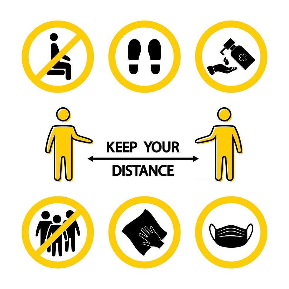 Keep your distance. Lockdown rules. Sit here. Stand here. Wash or disinfect your hands. Avoid crowded. Mask required. Wet cleaning. Virus prevention icons. Medicine symbols, pandemic banner. Vector