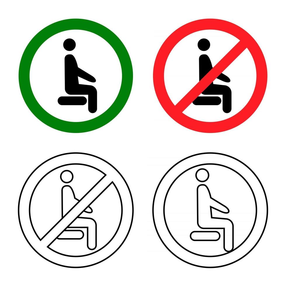 Distancing sitting. Sit here, please. Do not sit here. Forbidden icon for seat. Prohibition sign. Lockdown rule. Keep your distance when you are sitting. Man on the chair. Vector