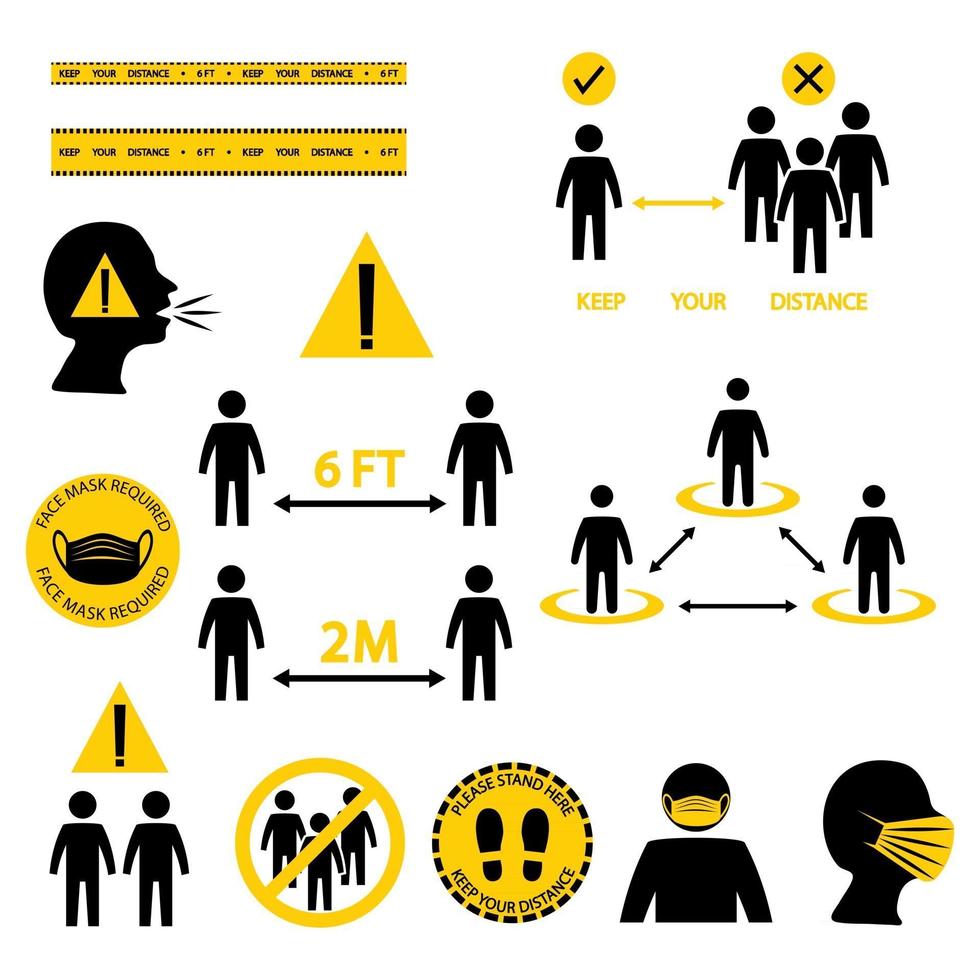 conjunto de iconos de línea de distanciamiento social. Incluye íconos como auto cuarentena, máscara requerida, protección, evitar el hacinamiento, estar aquí, mantener la distancia y más. mantener una distancia entre las personas vector