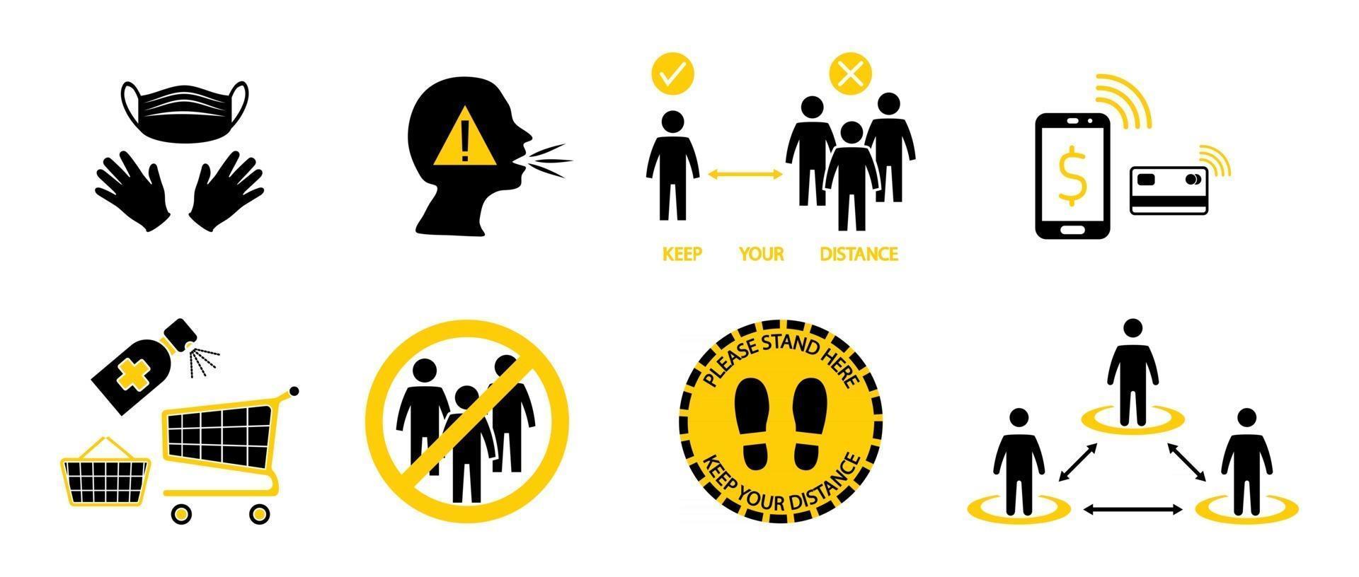 Safe shopping. Social distancing. Included icons as a mask and gloves required, clean shopping cart, avoid crowded, keep your distance and contactless payment. Keeping a distance between people vector