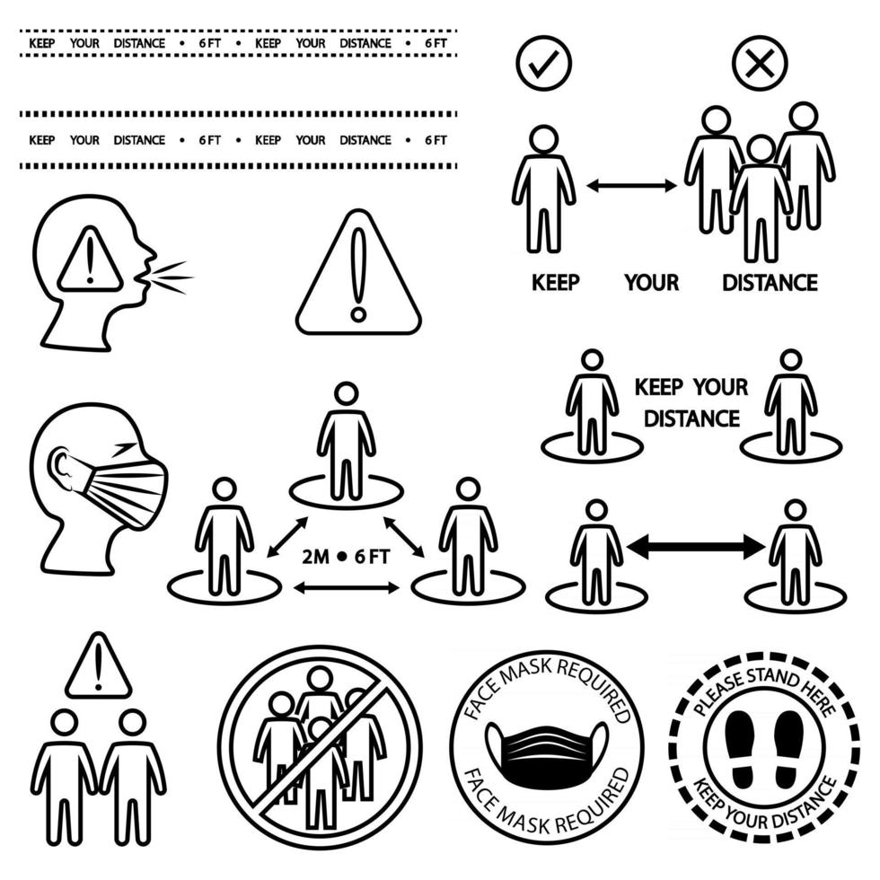 conjunto de iconos de línea de distanciamiento social. Incluye íconos como auto cuarentena, máscara requerida, protección, evitar el hacinamiento, estar aquí, mantener la distancia y más. mantener una distancia entre las personas vector