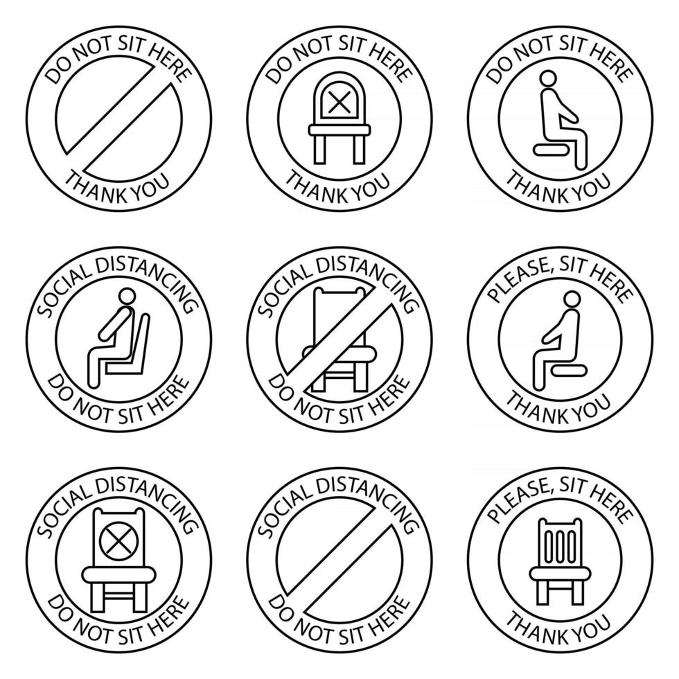 no te sientes, señales. iconos prohibidos para el asiento. distanciamiento social seguro al sentarse en una silla pública, delinear iconos. regla de bloqueo. mantenga la distancia cuando esté sentado. silla prohibida vector