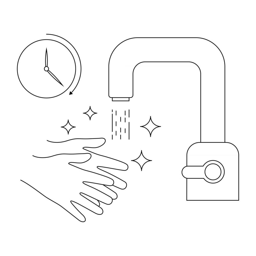 Wash your hands during 30 seconds minimum under running water. Hand washing under touch less faucet with timer. Wash your hands, icon. Outline icon. Everyday hygiene essentials. Vector