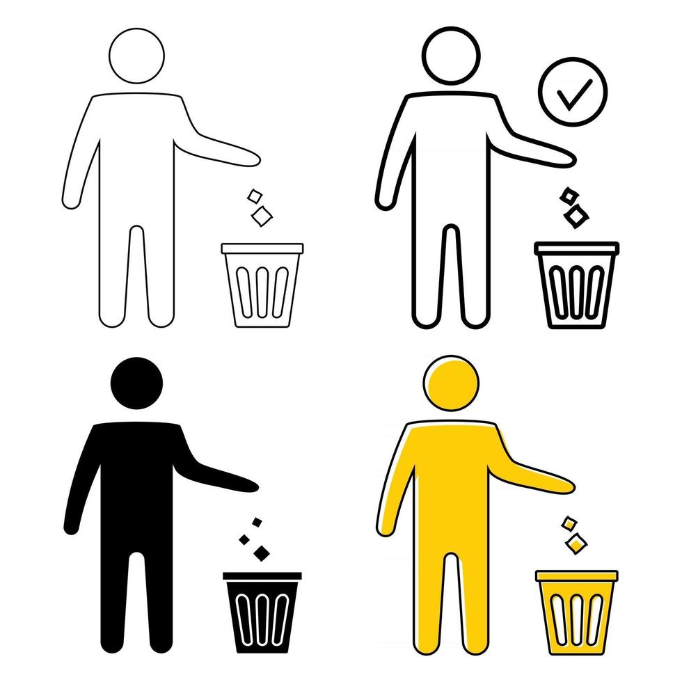 Garbage symbol. Trash icon. Disposable icon. Tidy man symbol, do not litter, icon, keep clean. Man disposes trash into the waste bin. Trash vector icon, reuse symbol. Editable stroke