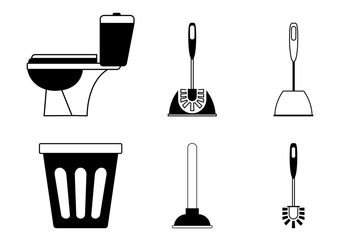 Toilet icon. Restroom. WC, bathroom in outline. Toilet brush, plunger and trash can. Plumbing service. Equipment in cleaning bathroom. Empty garbage can. Vector signs