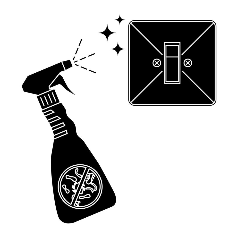 Light switches disinfection. Surface cleaning, room sanitation. Disinfection of interrupter from bacteria. Light switch cleaning. Antibacterial spray. Coronavirus prevention icon. Antiseptic vector