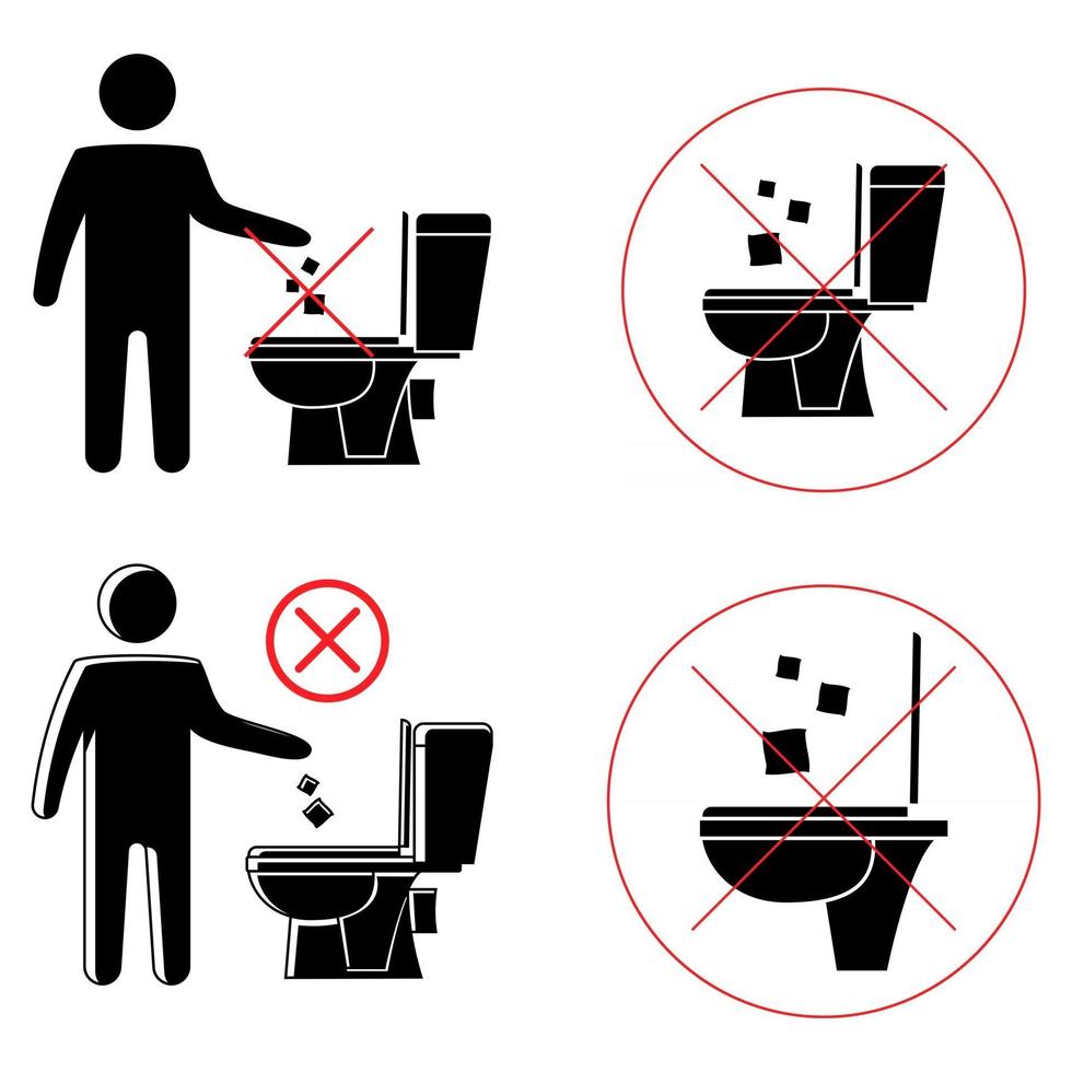 Do not litter in the toilet. Toilet no trash. Keeping the clean. Please do not flush paper towels, sanitary products, icons. Forbidden icon. No littering, warning symbol. Public Information vector