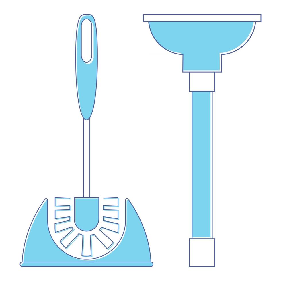 Toilet brush and plunger. Brush and plunger in blue color. Used when bathroom dirty and sink clogged. Instrument for cleaning toilets. Toilet cleaning icon. Vector
