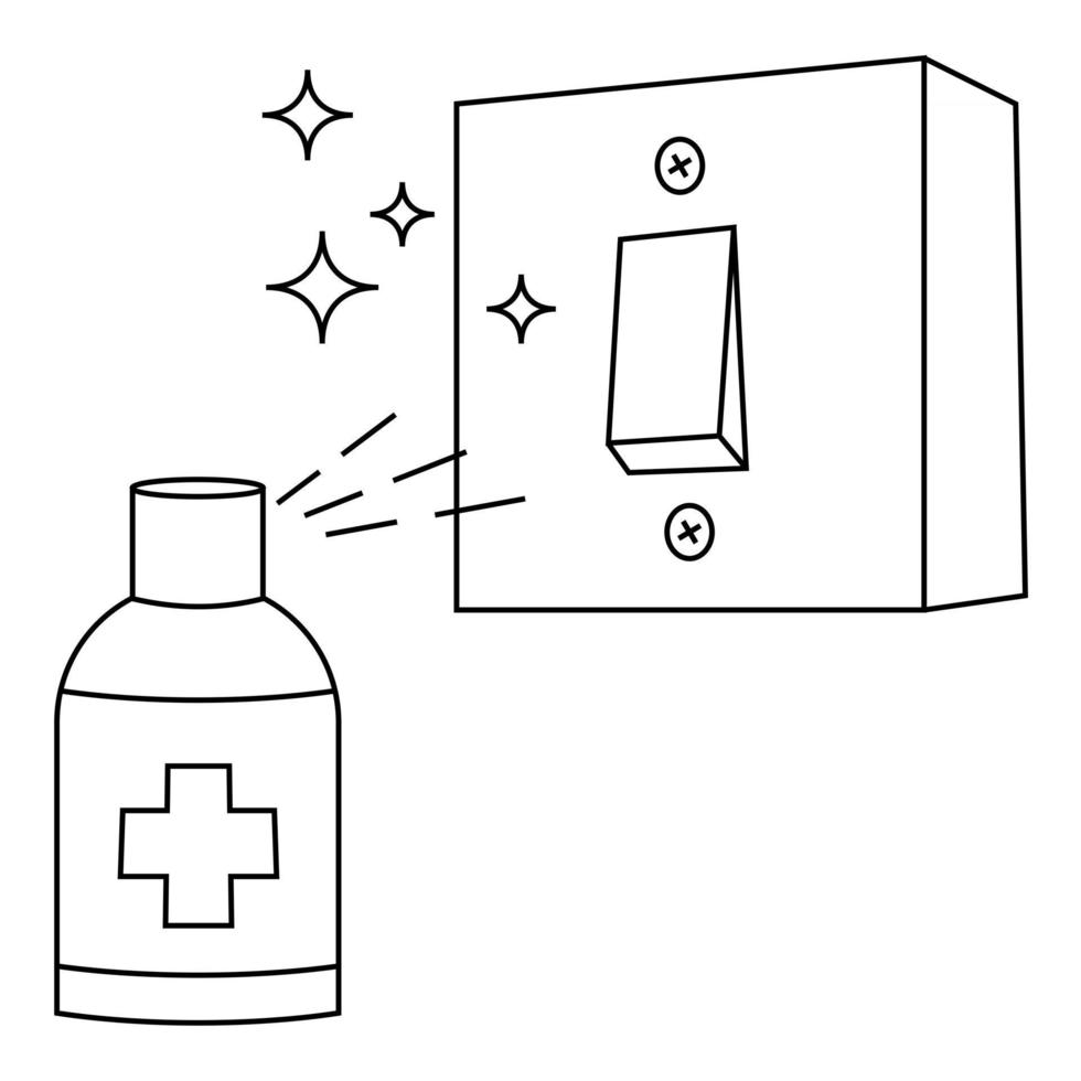 Desinfección de interruptores de luz. limpieza de superficies, saneamiento de habitaciones. desinfección del interruptor de bacterias. icono de línea de interruptor eléctrico. spray desinfectante antibacteriano. vector