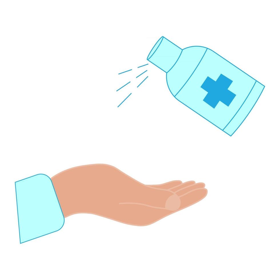Hand sanitizer. Disinfect your hands. Medical disinfection spray. Antibacterial hand sanitizer. Bottle with antibacterial liquid. Hand hygiene. Sterile surface. Vector