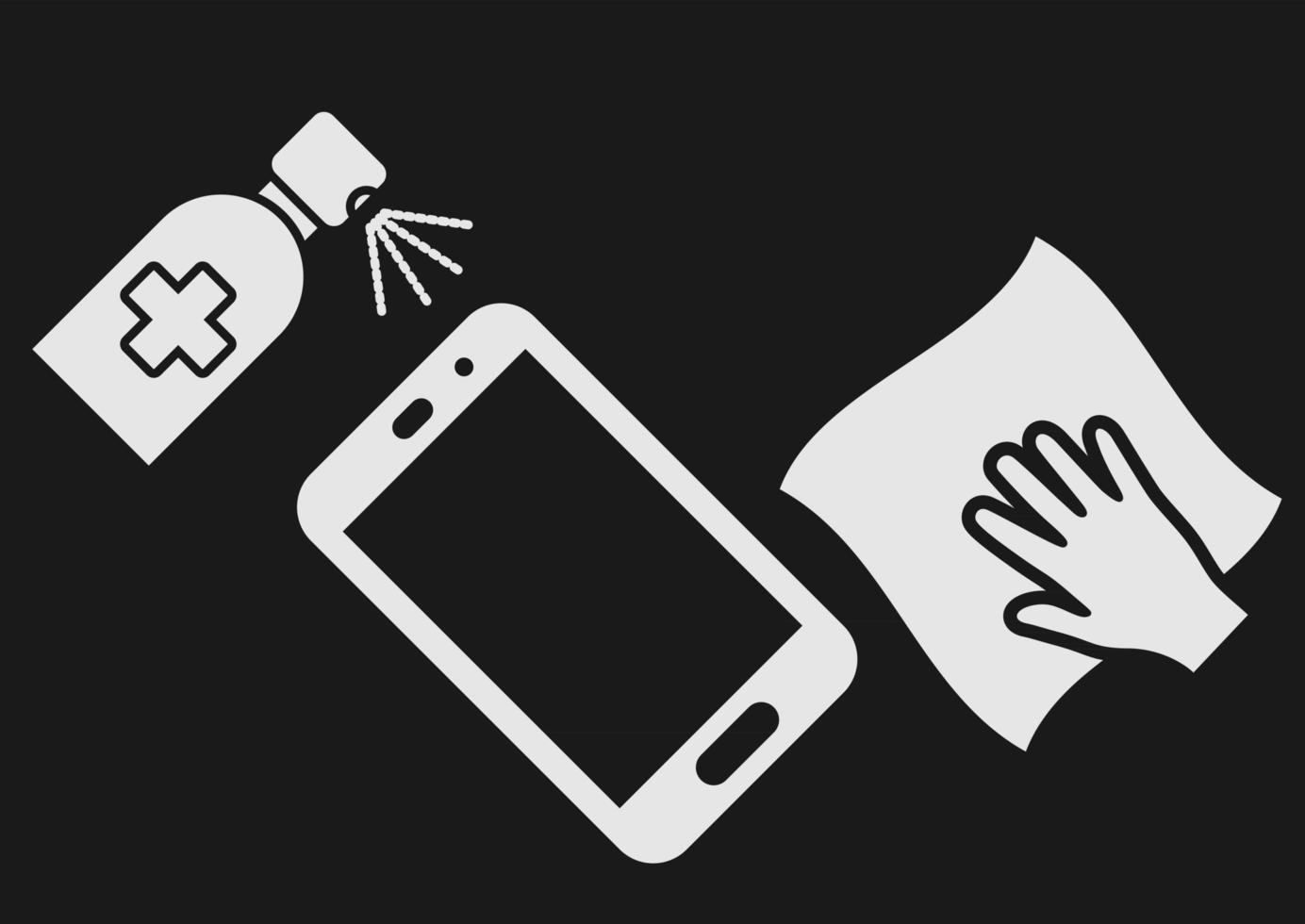 Smartphone disinfection icon. Wiping mobile phone display using cleaning cloth. Disinfection smartphone using cleaning napkin and disinfectant. Hygiene and virus pandemic health. Vector