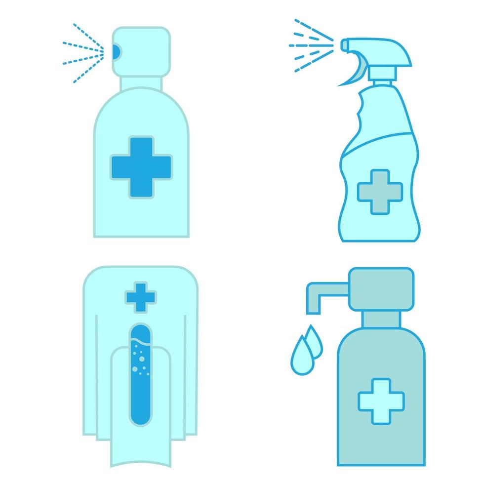 Hand sanitizer container icon set. Washing alcohol gel. Waterless hand cleaner. Hand washing. Contactless automatic soap dispenser. Disinfectant. Touchless soap dispenser. Vector