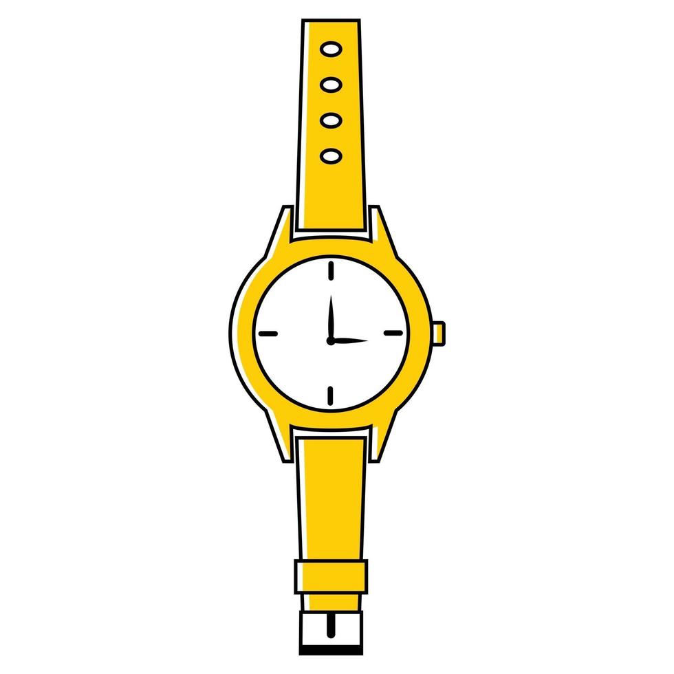 Hand watch. Modern watch in yellow color isolated on white background. Classic icon with watches for concept design. Flat style. Round hand clock. Vector