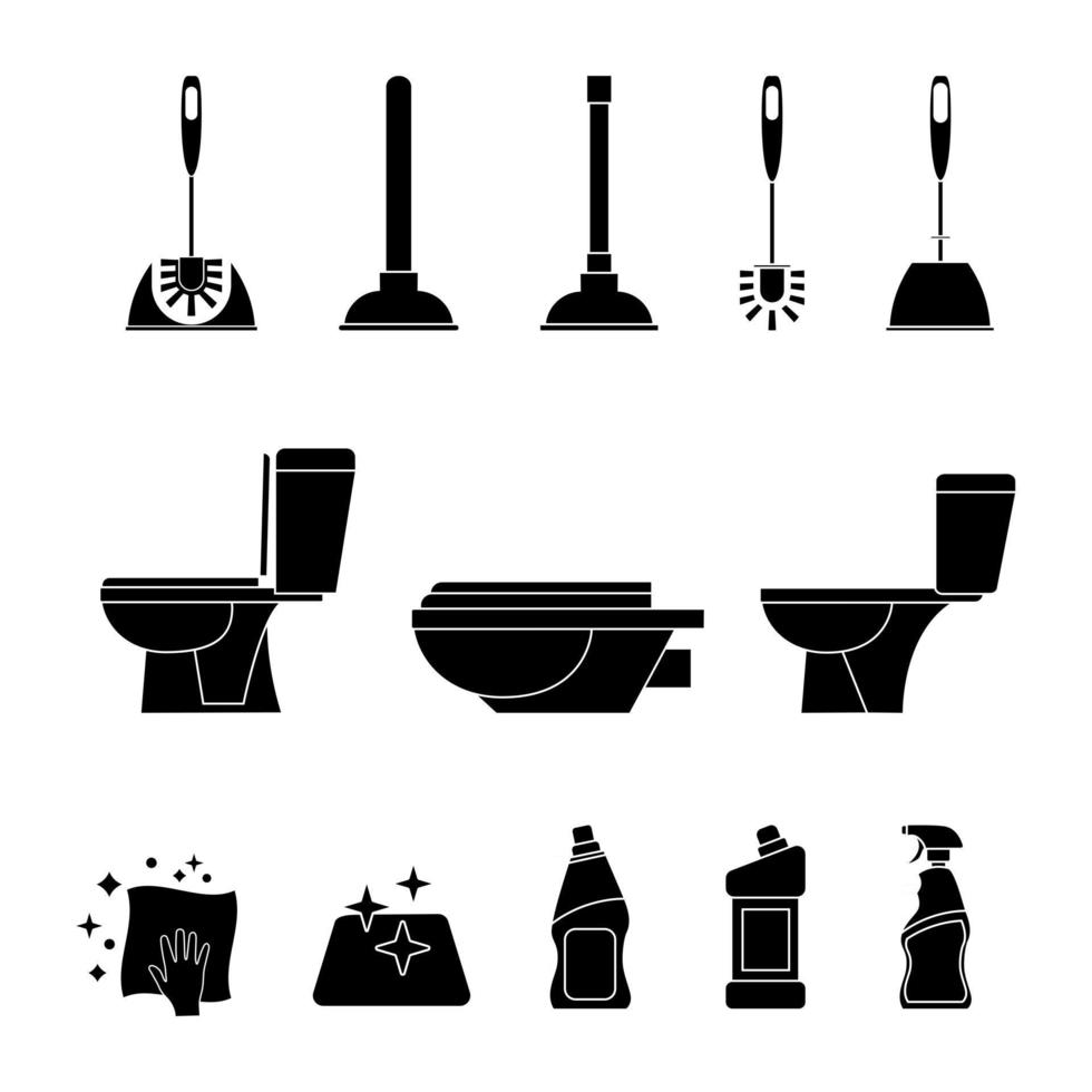 Toilet icon. Restroom. Toilet brush and plunger. Plumbing service. Household chemical bottles. Sanitizing surfaces. Cleaning napkin. Sanitation and hygiene sign. Equipment in cleaning bathroom vector