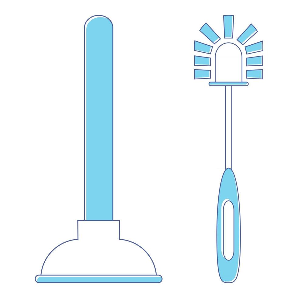 Toilet brush and plunger. Brush and plunger in blue color. Used when bathroom dirty and sink clogged. Instrument for cleaning toilets. Plumbing service. Toilet cleaning icon. Vector