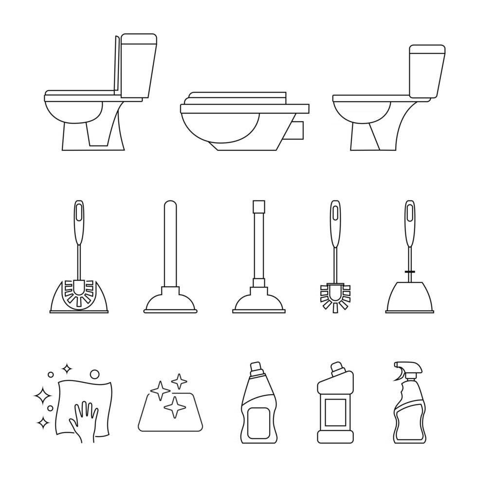 Toilet icon. Restroom. Toilet brush and plunger. Plumbing service. Household chemical bottles. Sanitizing surfaces. Cleaning napkin. Sanitation and hygiene sign. Editable stroke vector