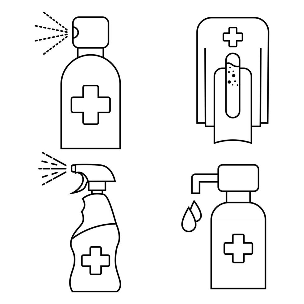 Hand sanitizer container icon set. Washing alcohol gel. Waterless hand cleaner. Hand washing. Contactless automatic soap dispenser. Disinfectant. Touchless soap dispenser. Vector