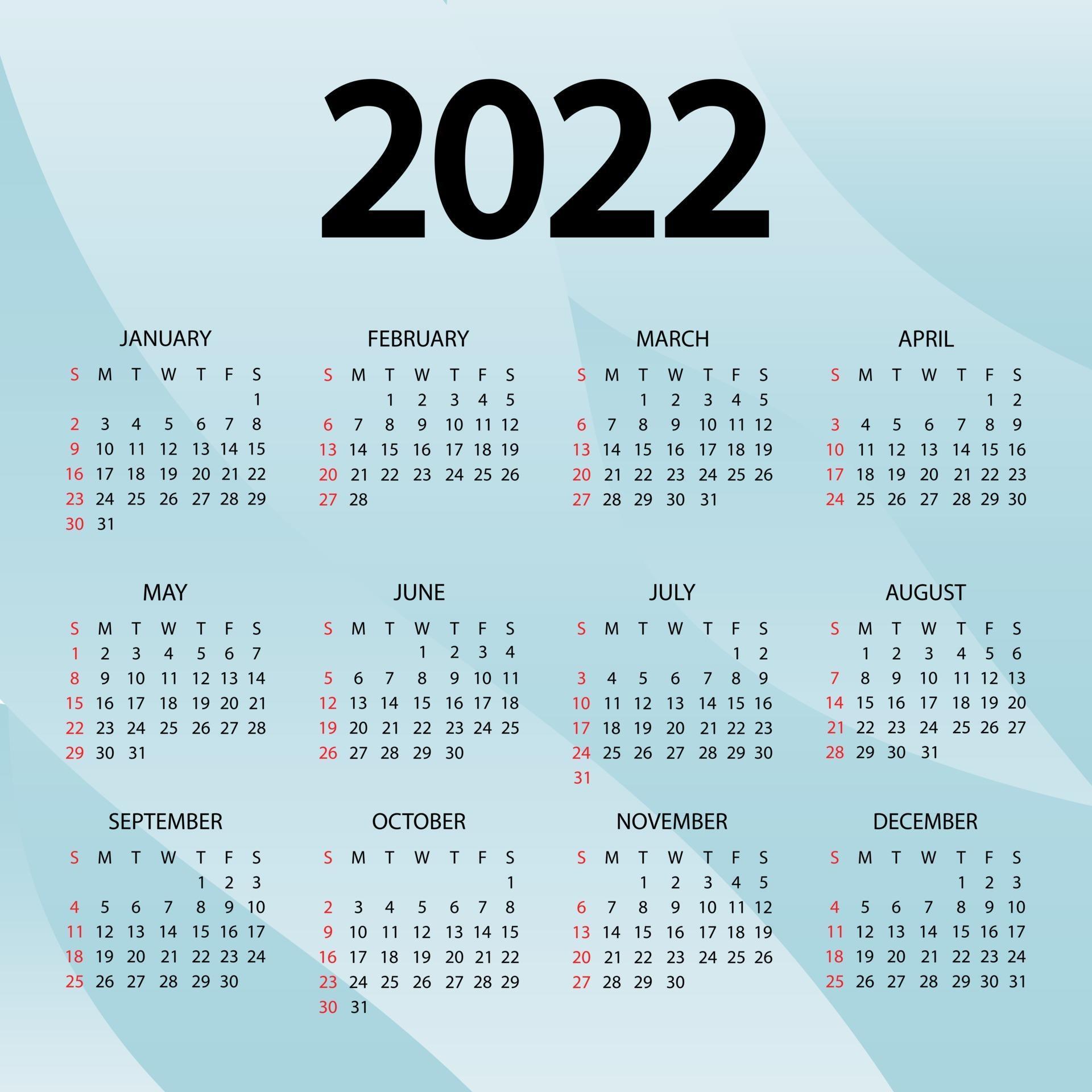 Calendar 2022 year vector illustration. The week starts Sunday