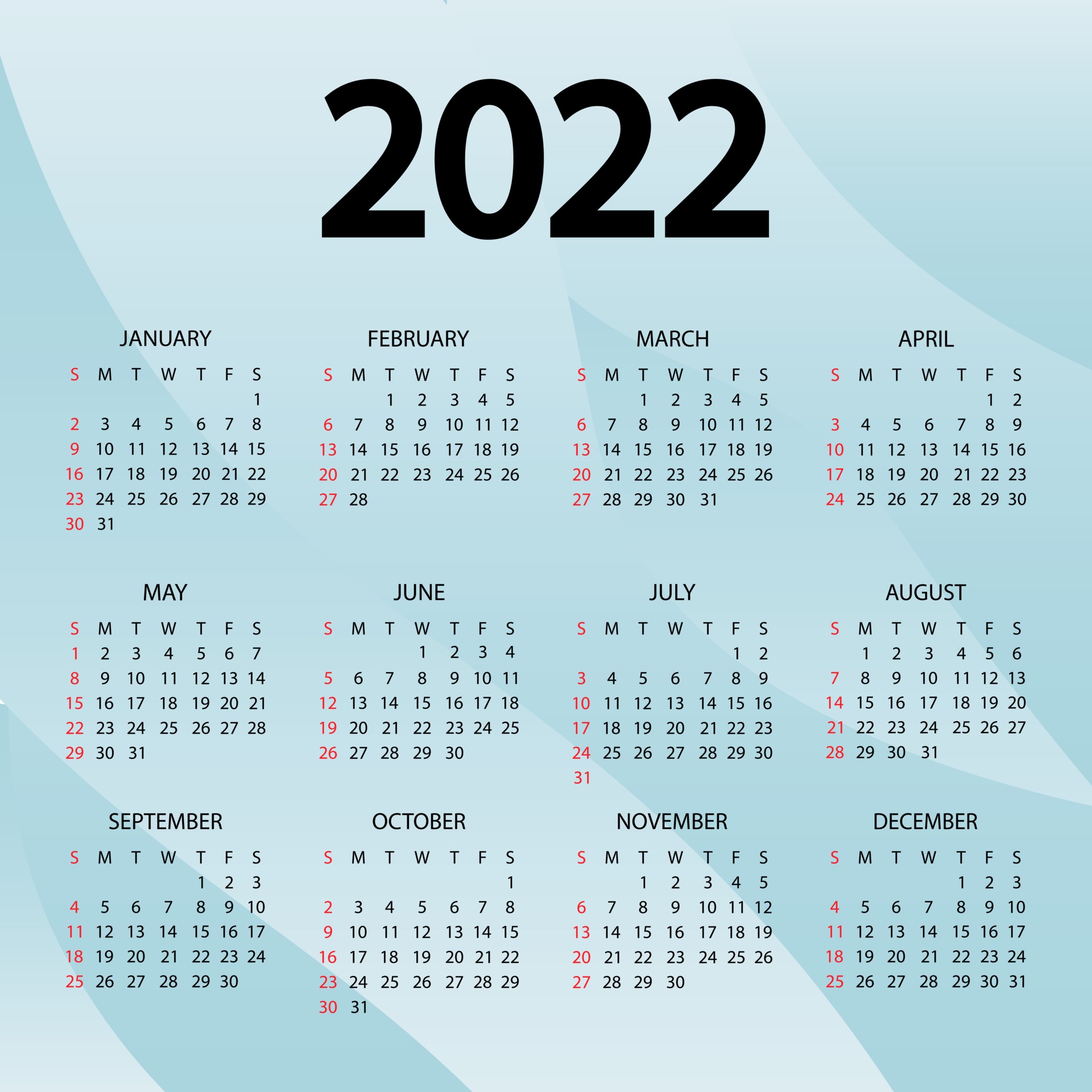 Calendar 2022 year vector illustration. The week starts Sunday
