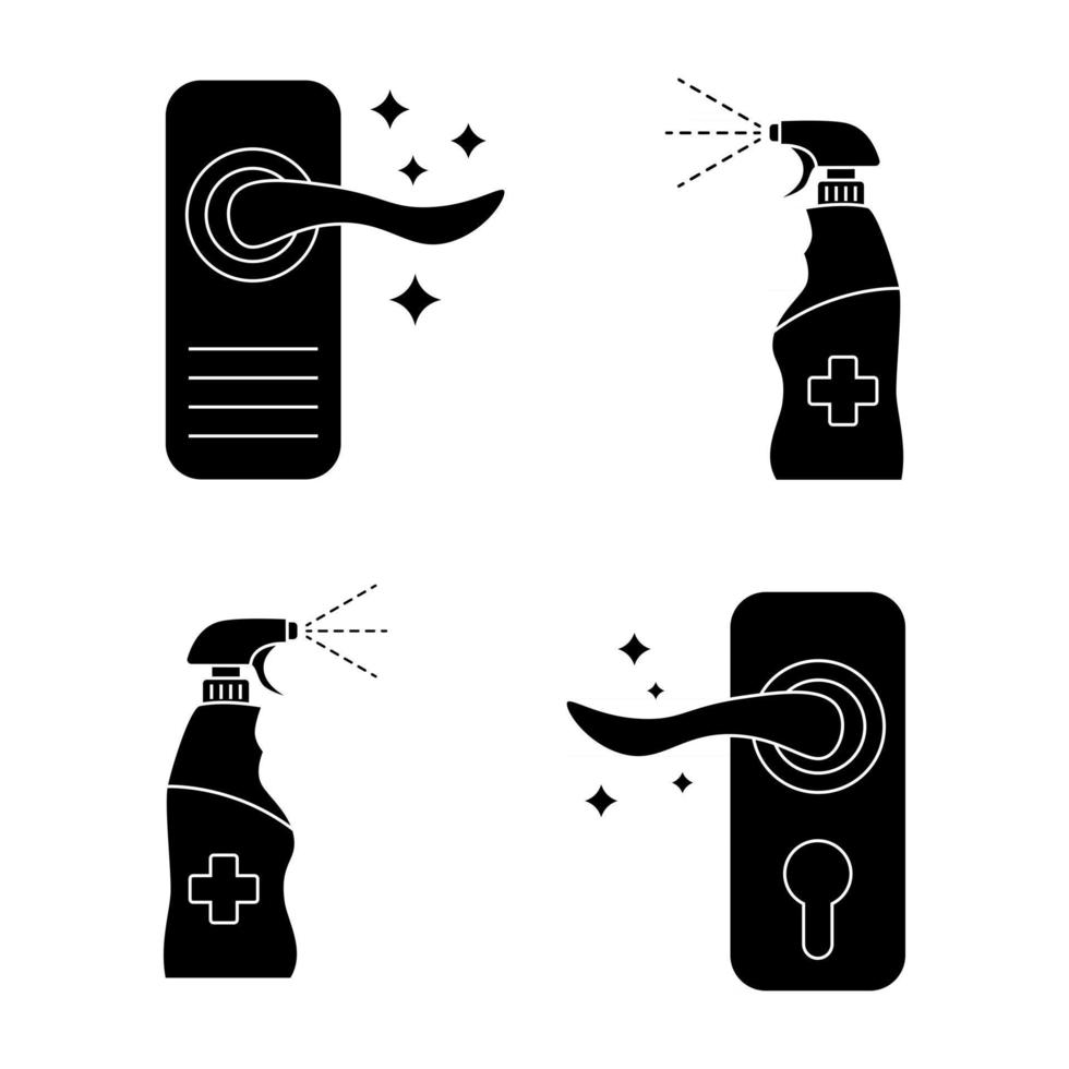 Door knob disinfection. Sanitize cleaning areas. Door handles and antibacterial spray isolated vector illustration. Disinfect door handles with sanitizer spray. Vector