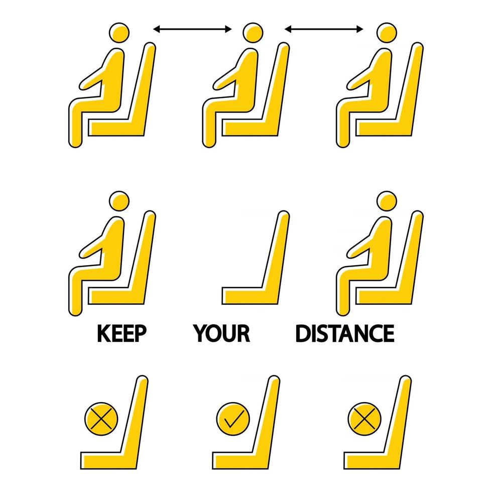 Keep your distance. Do not sit here. Forbidden icon for seat. Social distance in a public space. Prohibition sign. Lockdown rule. Keep your distance when you are sitting. Man on the chair vector