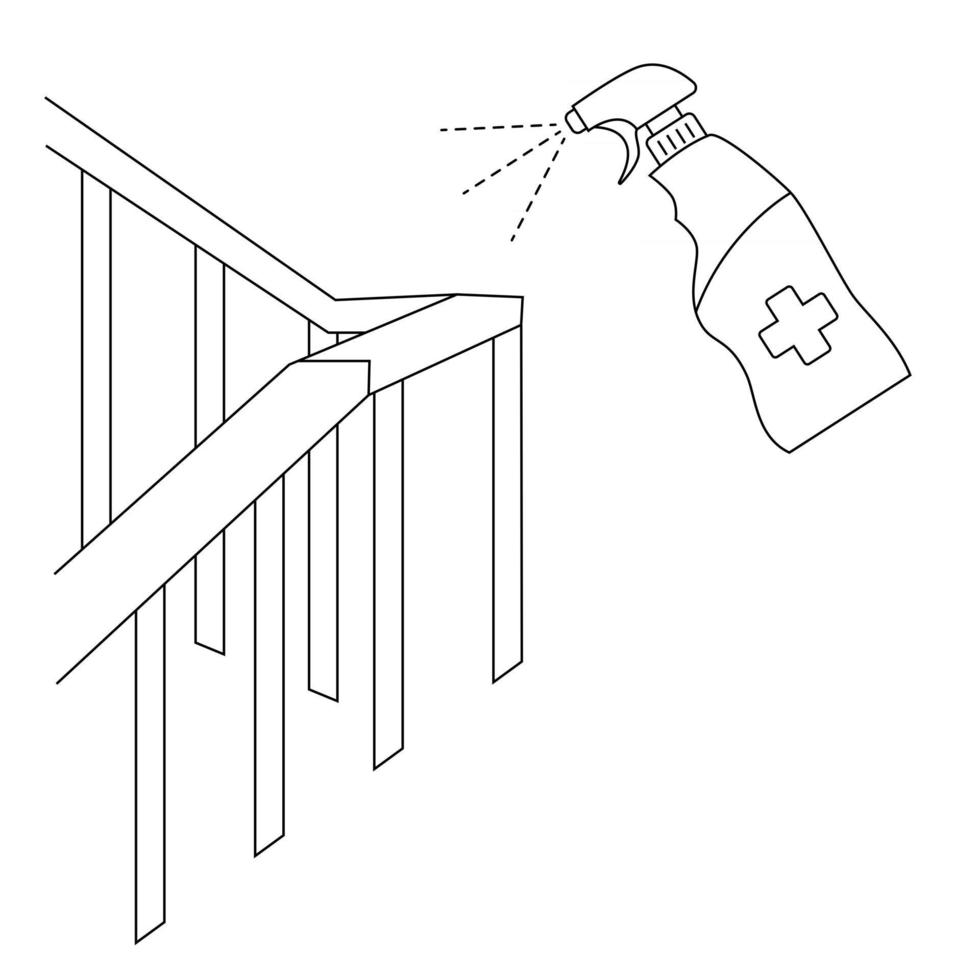 Handrail disinfection. Railing and antibacterial spray. Sanitation and hygiene sign. Disinfect bannister with sanitizer spray. Home sterilization, surface cleaning, house cleansing vector