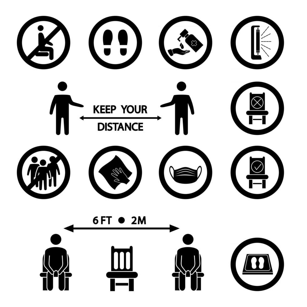 Mantén tu distancia. reglas de distanciamiento social. icono prohibido para asiento. distanciamiento sentado. esterilla desinfectante, lámpara ultravioleta, limpieza en húmedo, lávese las manos, se requiere mascarilla, evite el hacinamiento, párese aquí iconos vector