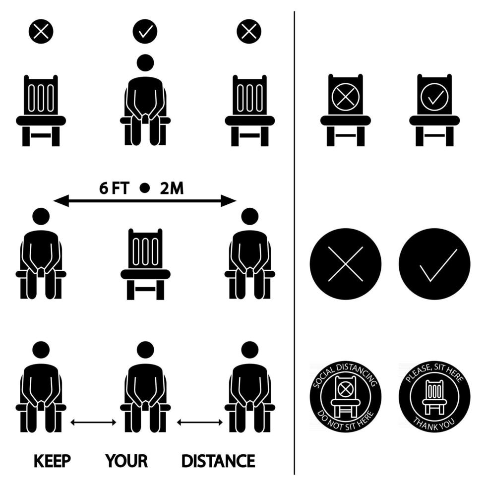 Keep your distance. Do not sit here. Forbidden icon for seat. Distancing sitting. Lockdown rules. Keep your distance when are you sitting. Man on the chair. Vector