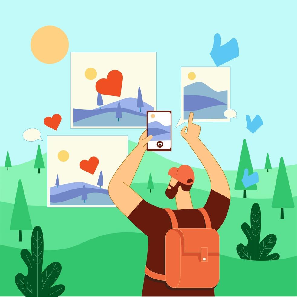 Traveler sharing photos to social media illustration concept vector