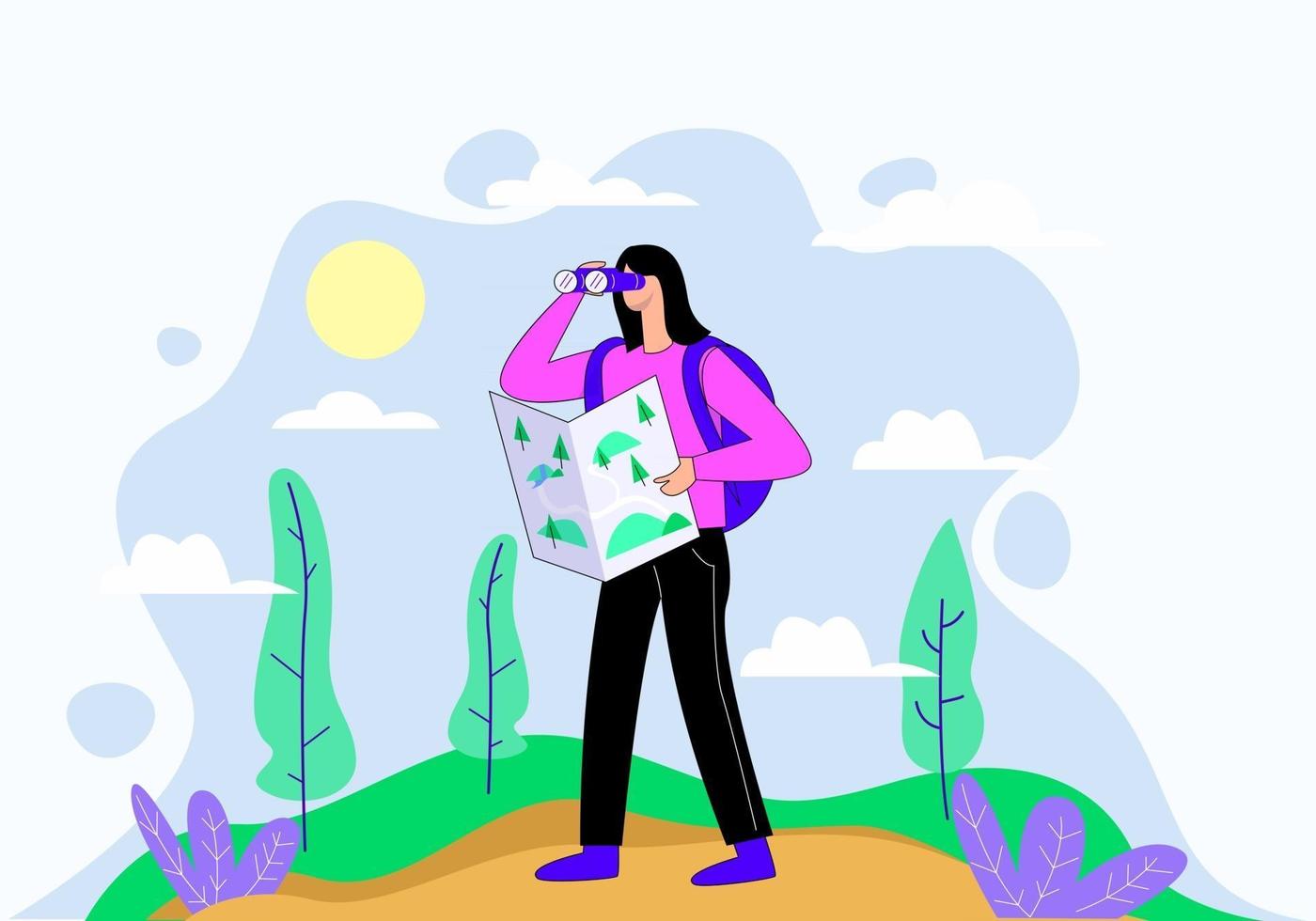 Traveler traveling following the map illustration concept vector