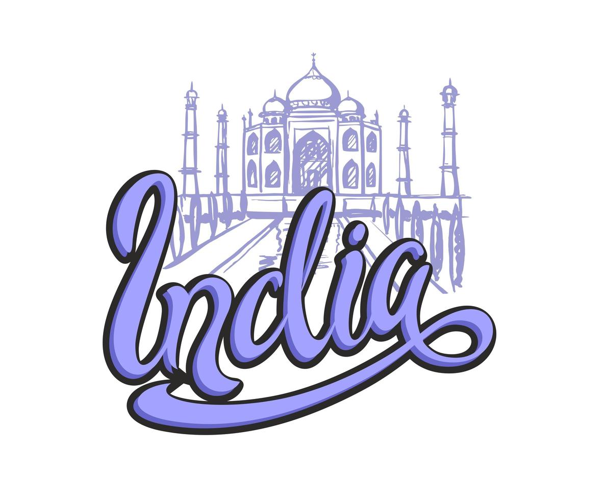 Travel. Design for the tourism industry. On a trip to India. The City Of Agra. Lettering. Sketch Of The Taj Mahal. Vector illustration.