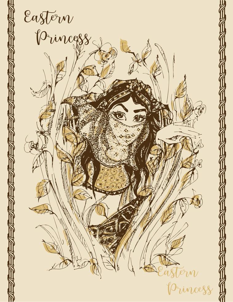 joven princesa. fabulosa imagen. ilustración. gráficos con estilo. Ilustración de libros. la chica del este. tarjeta vintage. vector. vector