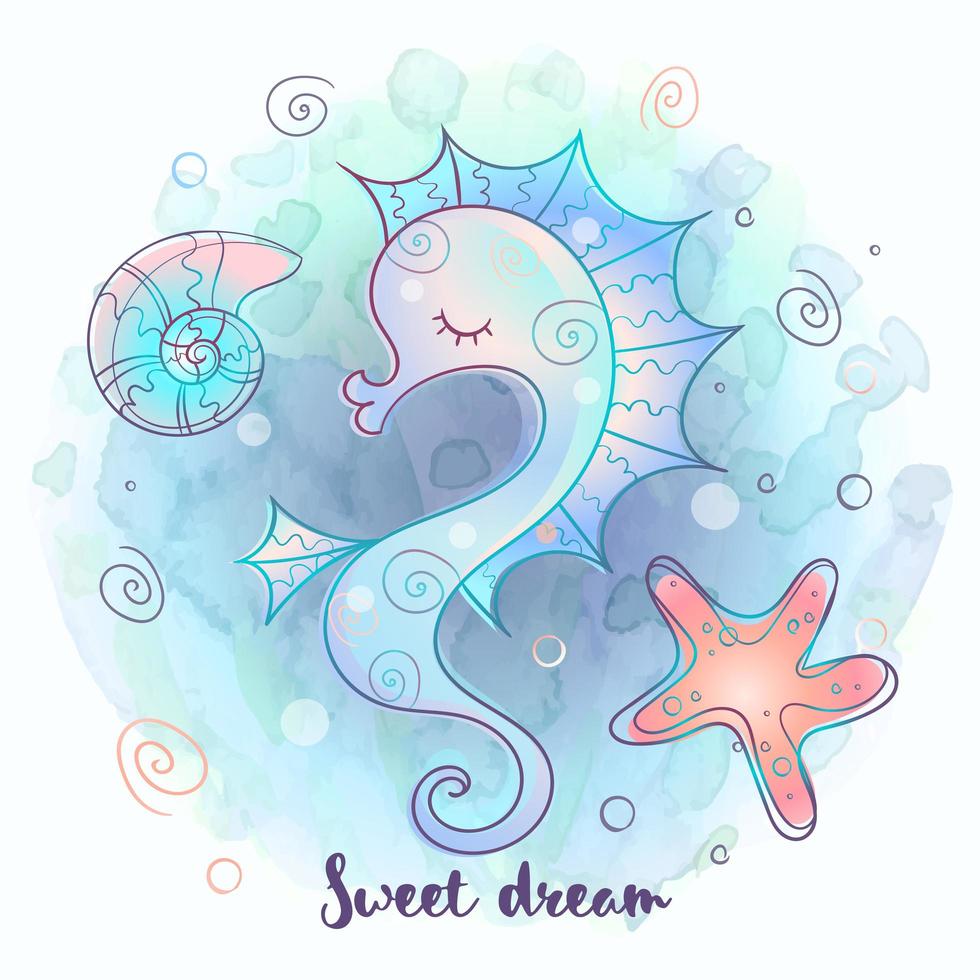 Cute seahorse sleeping sweetly. Sea world. Vector