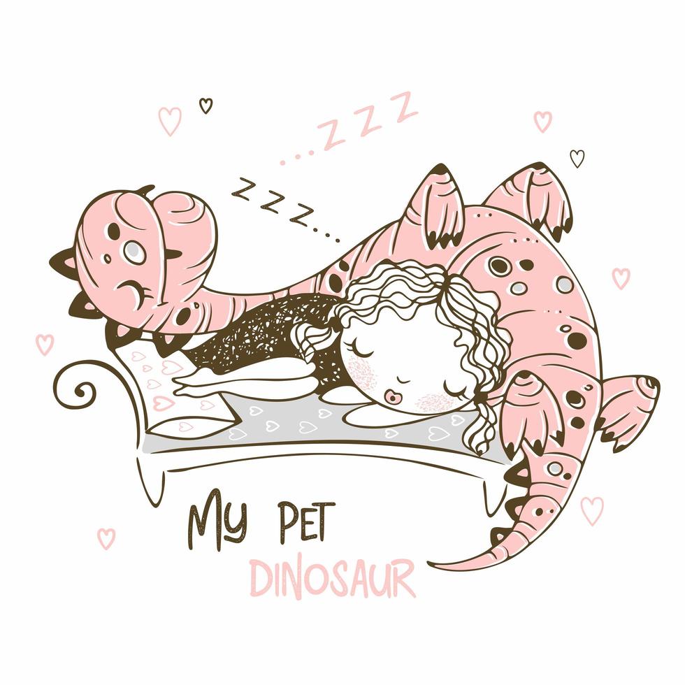 Cute girl sleeping with her pet dinosaur. Cheerful picture. Vector