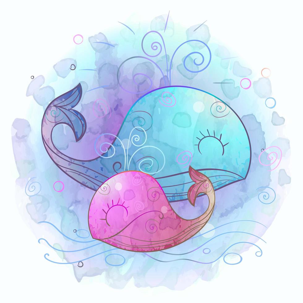 Whale mom with a small whale. Motherhood. Watercolor. Vector