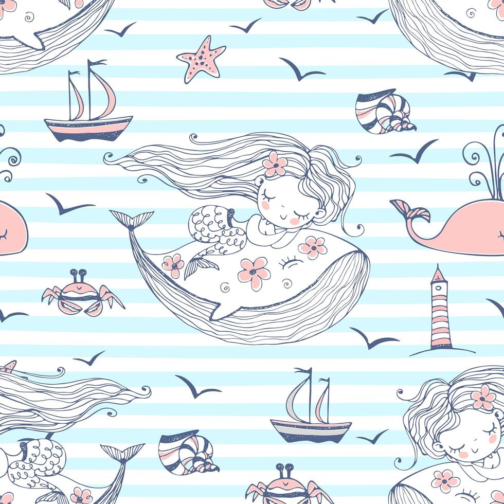 Seamless pattern with cute mermaids sleeping on whales on a striped background. Vector