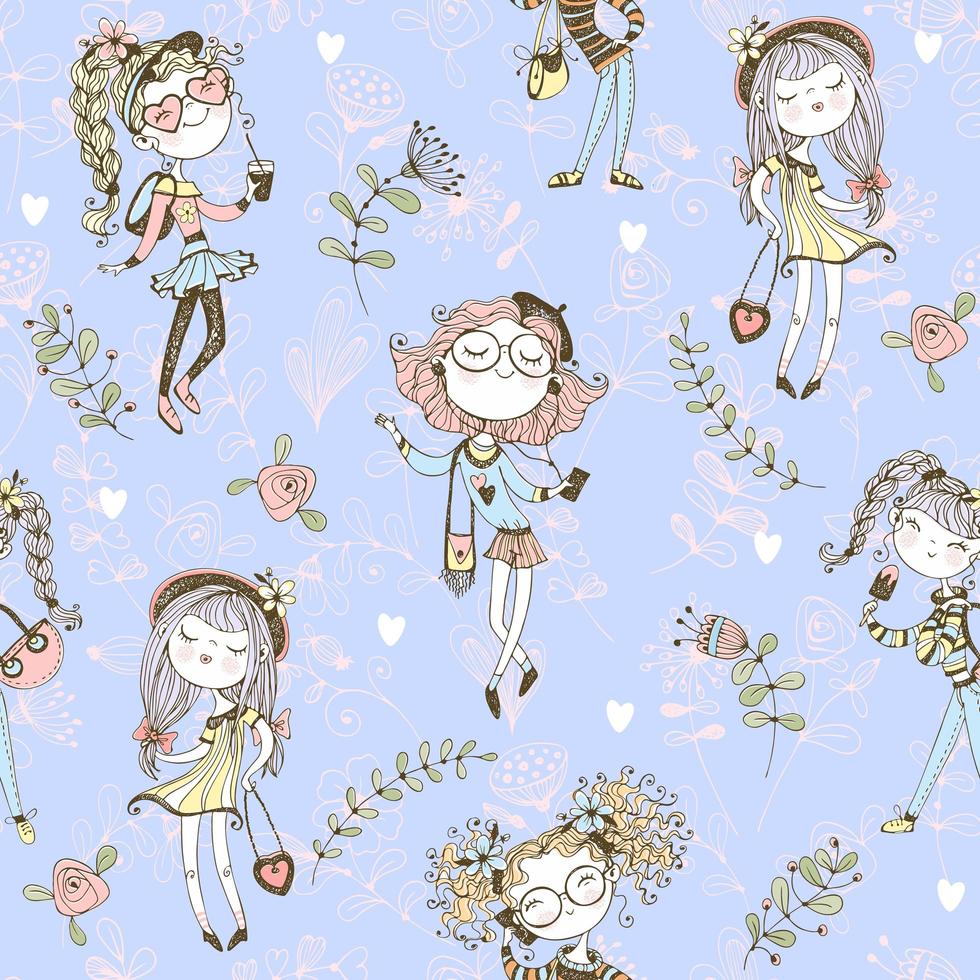 Seamless pattern with cute trendy teen girls on a blue background . Vector