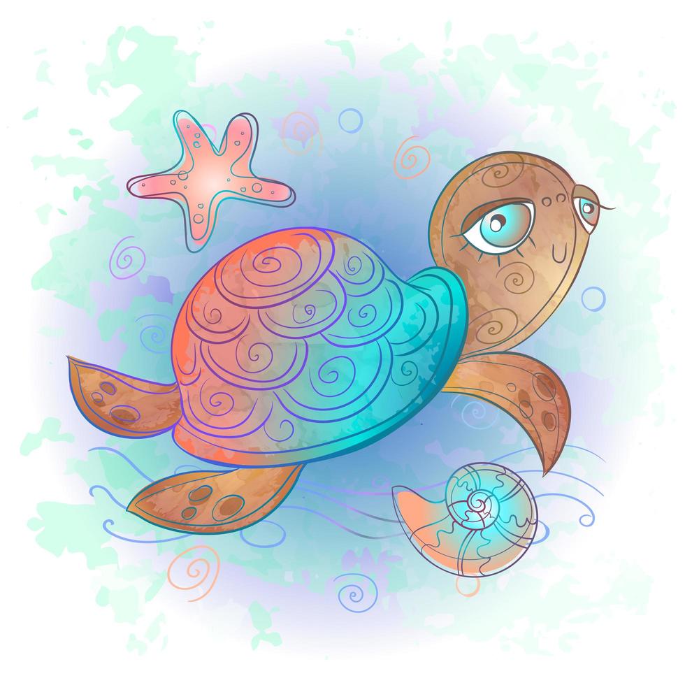Cute sea turtle. Sea world. Watercolor. Vector. vector