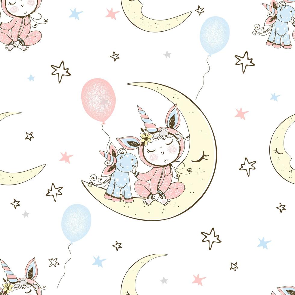 de patrones sin fisuras con un lindo bebé en pijama sentado en la luna con su unicornio de juguete. vector
