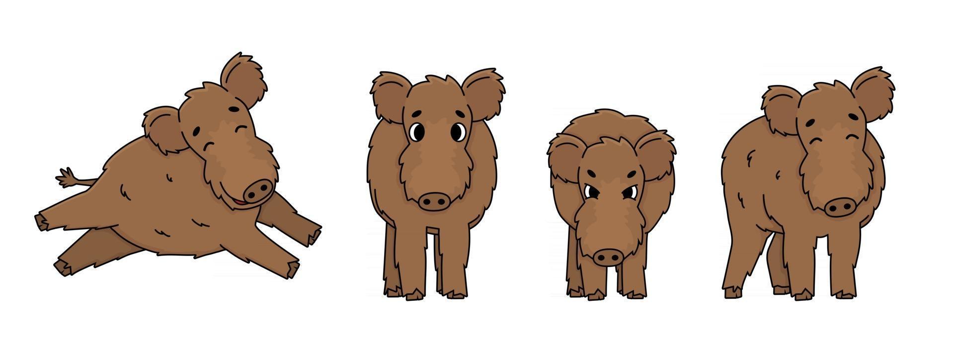 Set of brown vector outline cute cartoon boar in different poses. Fluffy animal stands, runs, is happy, is angry and ready to attack. Front side view. Doodle isolated illustration on white background