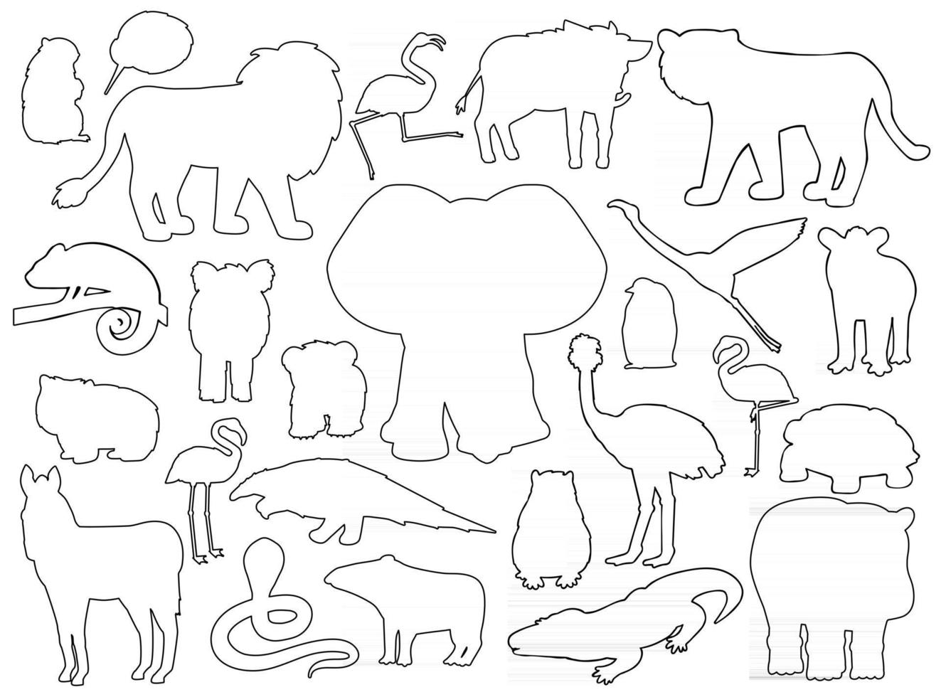 Set of animals silhouettes. Vector outline cartoon isolated graphic hand drawn illustration. Elephant hippo zebra flamingo lion boar tapir penguin wombat bear marmot chameleon crocodile kiwi snake