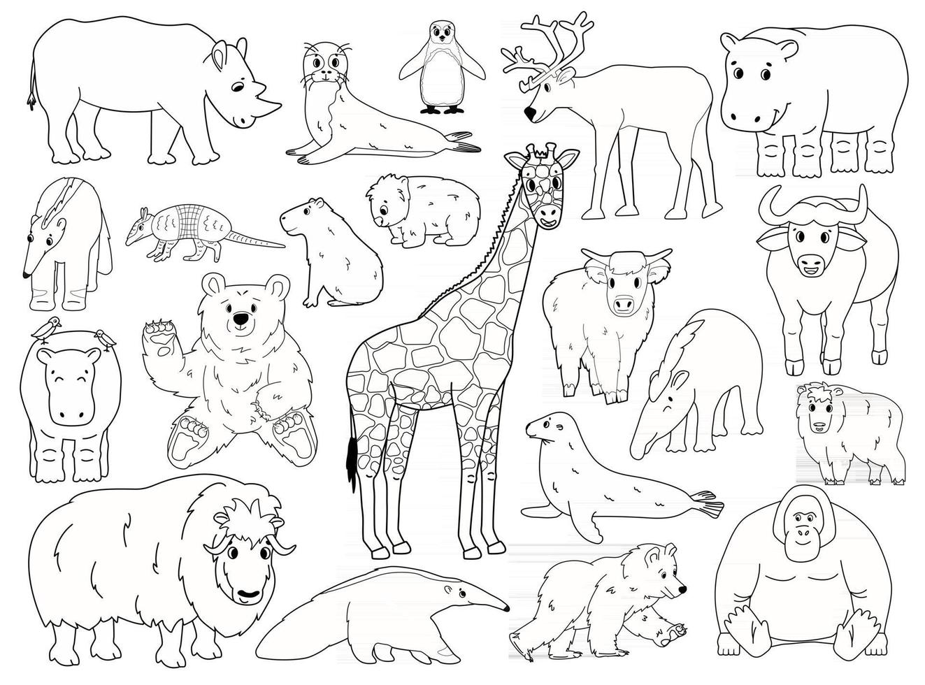 conjunto de animales doodle. Ilustración de dibujado a mano gráfico aislado de dibujos animados de contorno vectorial. jirafa oso orangután buey rinoceronte wombat highland vaca foca tapir oso hormiguero yak hipopótamo capibara pingüino armadillo vector