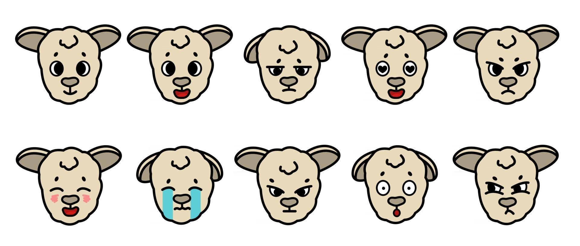 Set of vector farm isolated muzzle sheep animal with different emotion. Happy sad cry angry upset, in love, fascinated, confused furious Cute cartoon funny little lamb baby face on white background